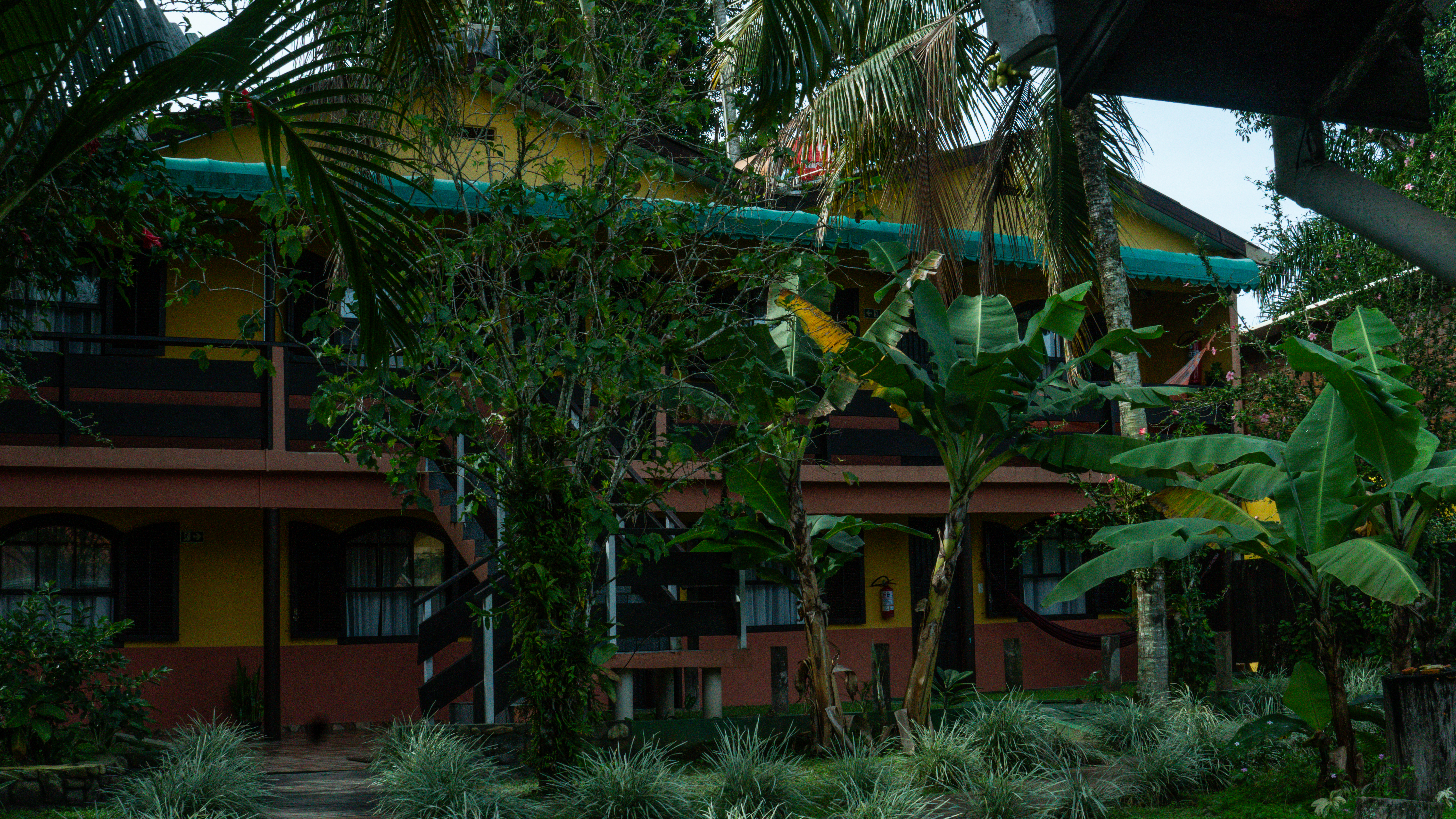Vista da fachada da Pousada Estrela do Mar rodeada por vegetação